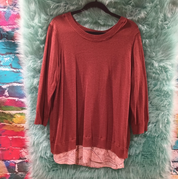Dalia Rusty Brown Crew Neck Long 3/4 Sleeve Layered Top Size 1X - Picture 3 of 11